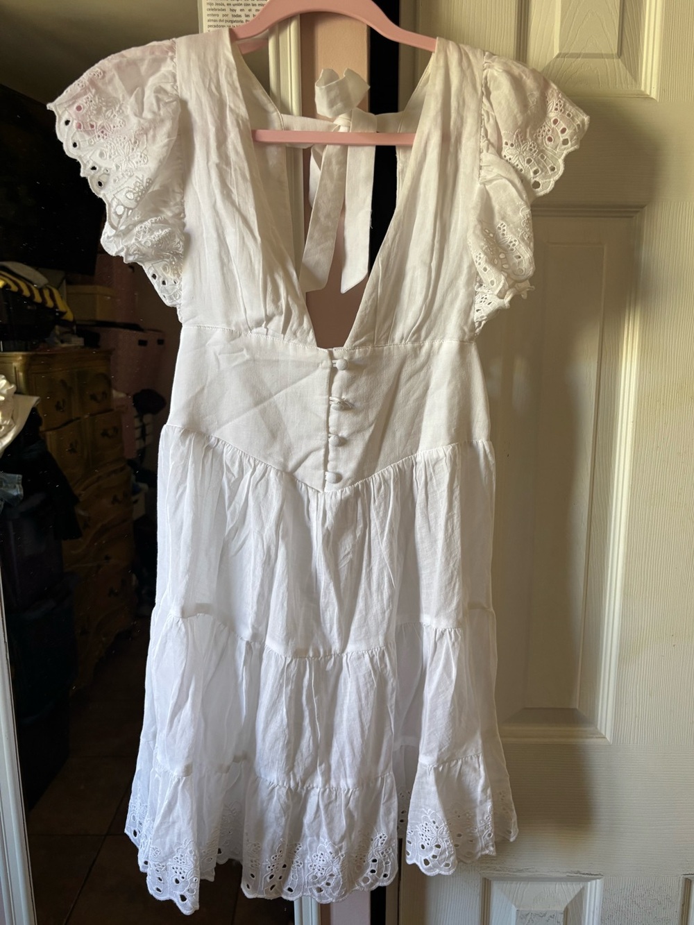 White eyelet button down backless dress